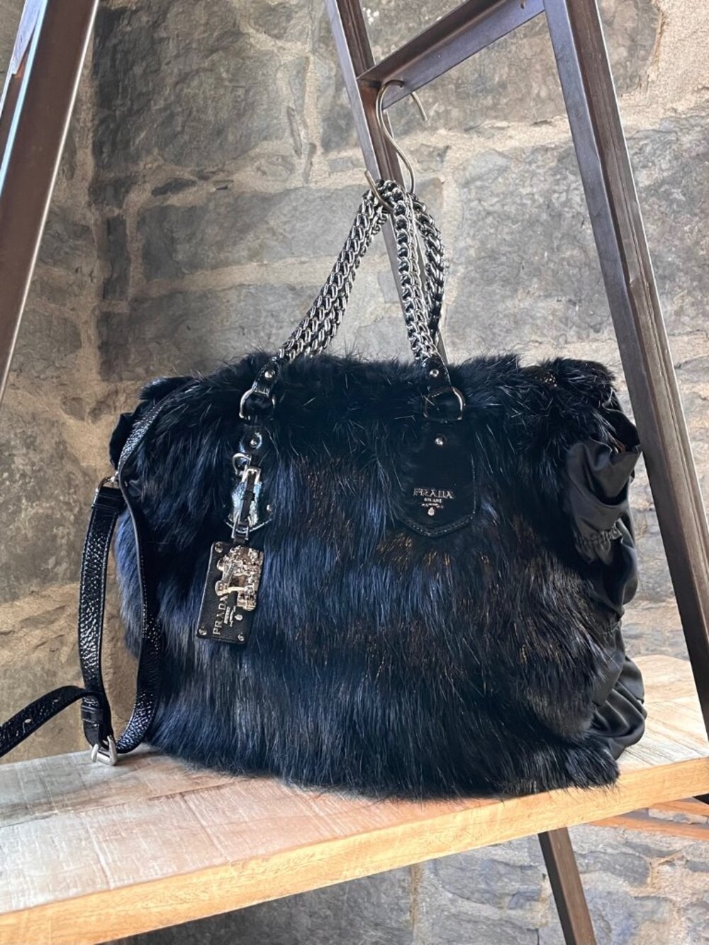 Prada Black Beaver Fur Chain Bag